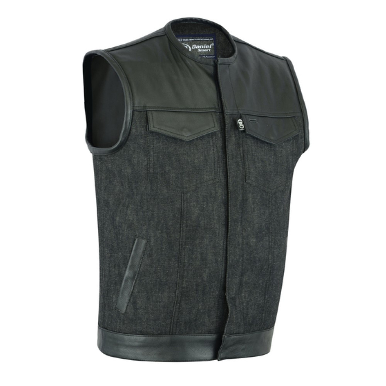 Men's Collarless Leather/Denim Vest Combo - Riders Biker Supply